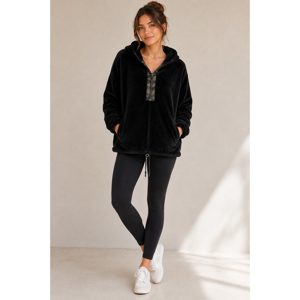 Anthropologie Sunday In Brooklyn Plush Faux Fur Half Zip Hoodie Pullover Camo XS